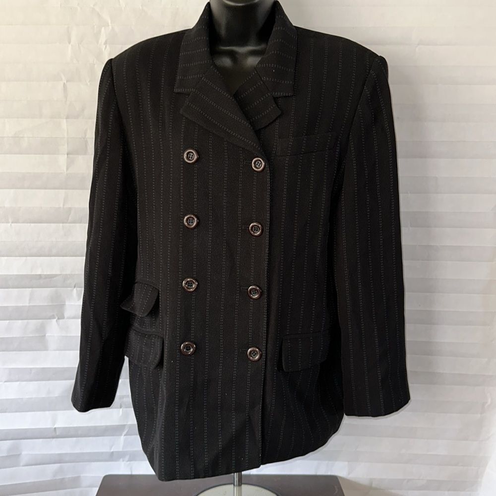 Casual Corner 14P Black Blue Pinstripe Double Breasted Blazer Petite